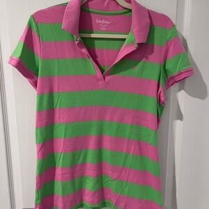 Lilly Pulitzer vibrant pink and green cotton polo shirt with logo size L.